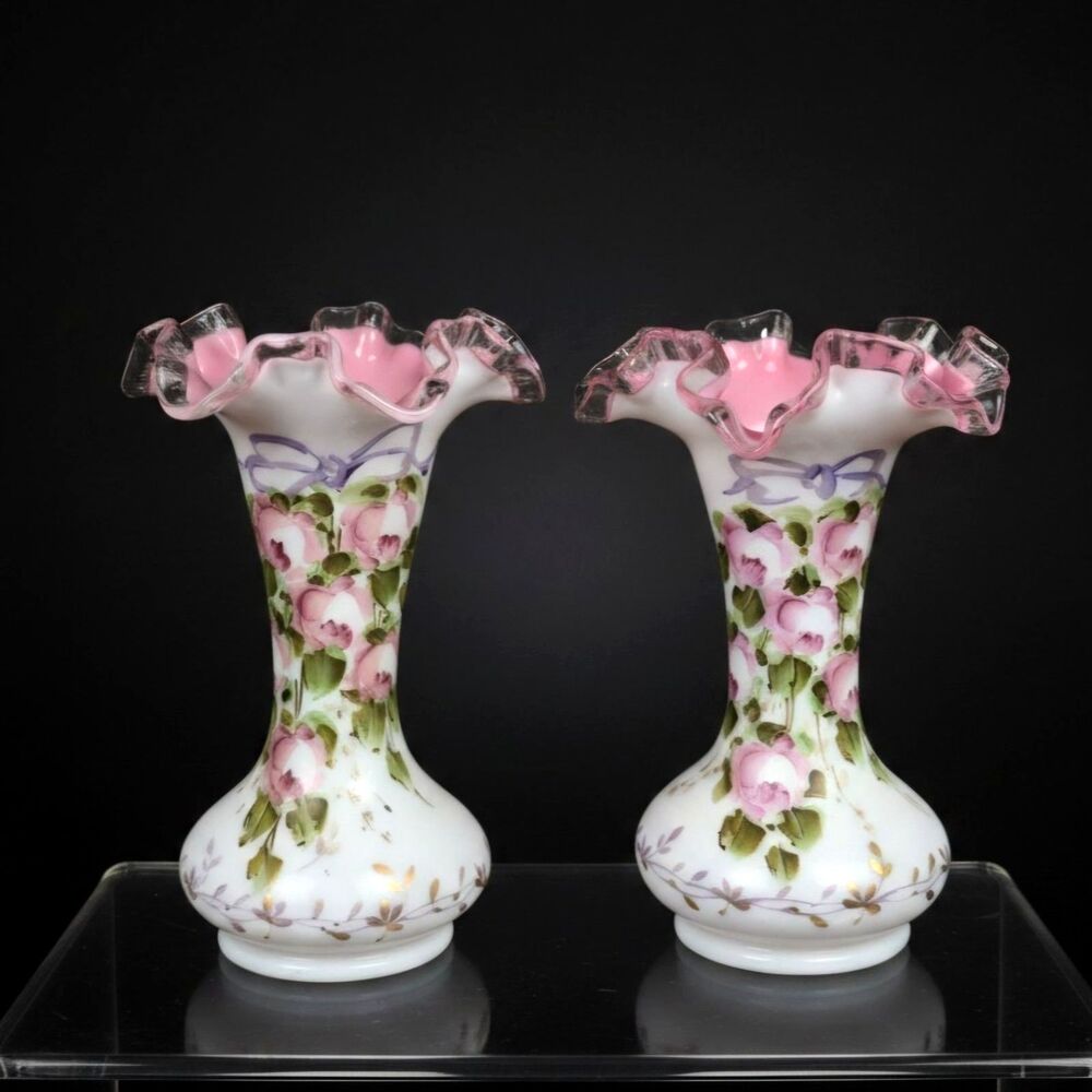 Pair of 1940s Fenton Charleton Peach Crest Hand Painted Ruffled 8" Vases Vintage